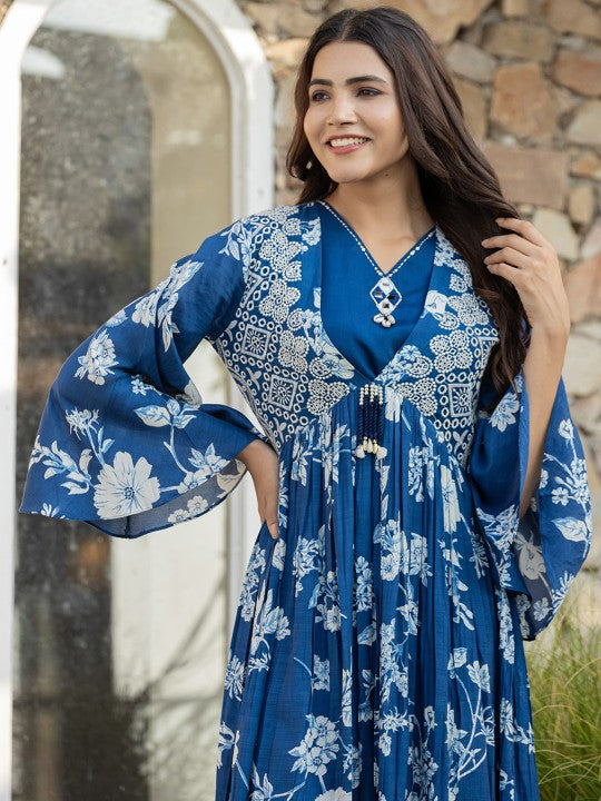 Floral Embroidered Bell Sleeves Mirror Work Pure Cotton Kurta With Palazzos