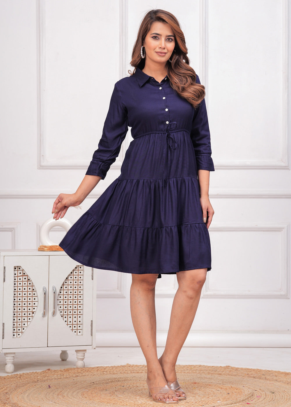 Navy Blue Women Shirt Collar Fit and Flare Dress