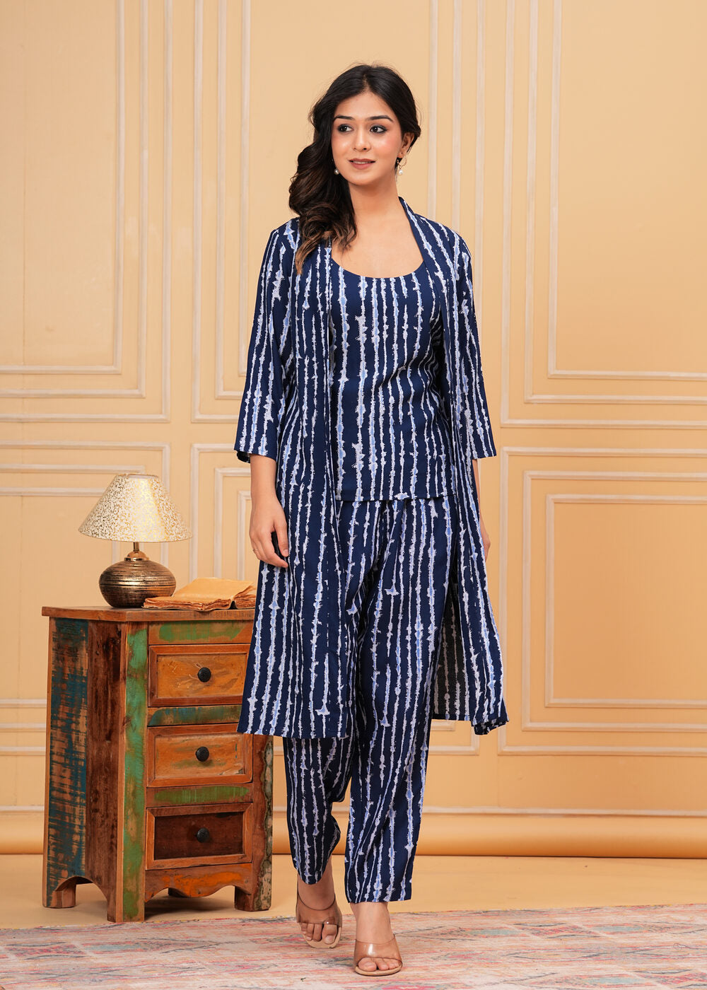 Navy Blue Printed Three Quarter Sleeve Shrug Top & Trouser