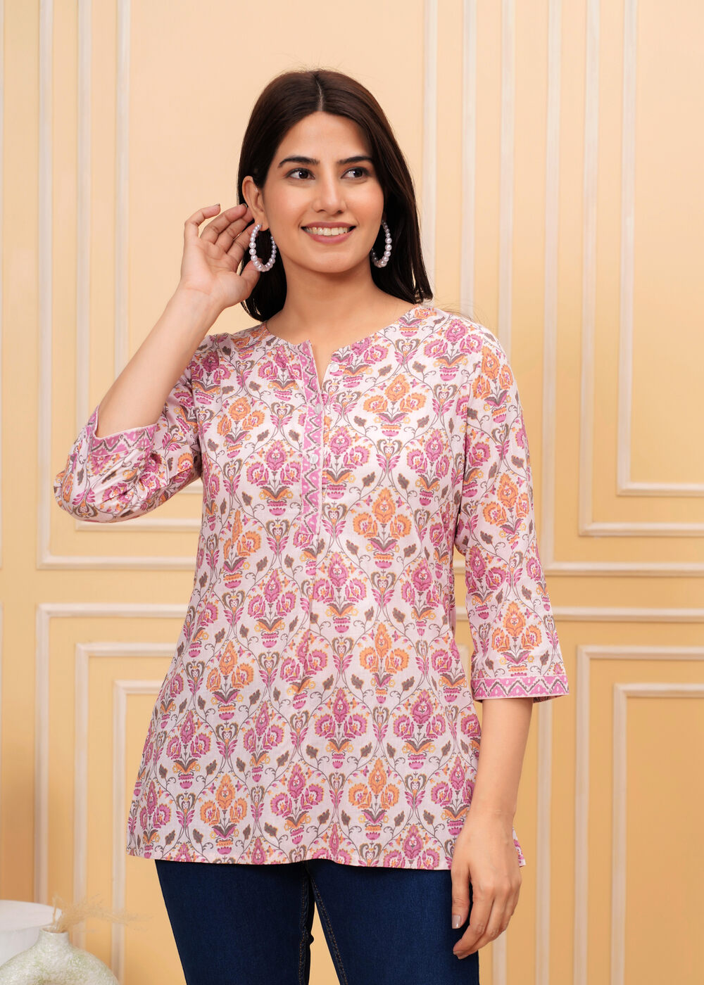 Floral Print Cotton Top Off White