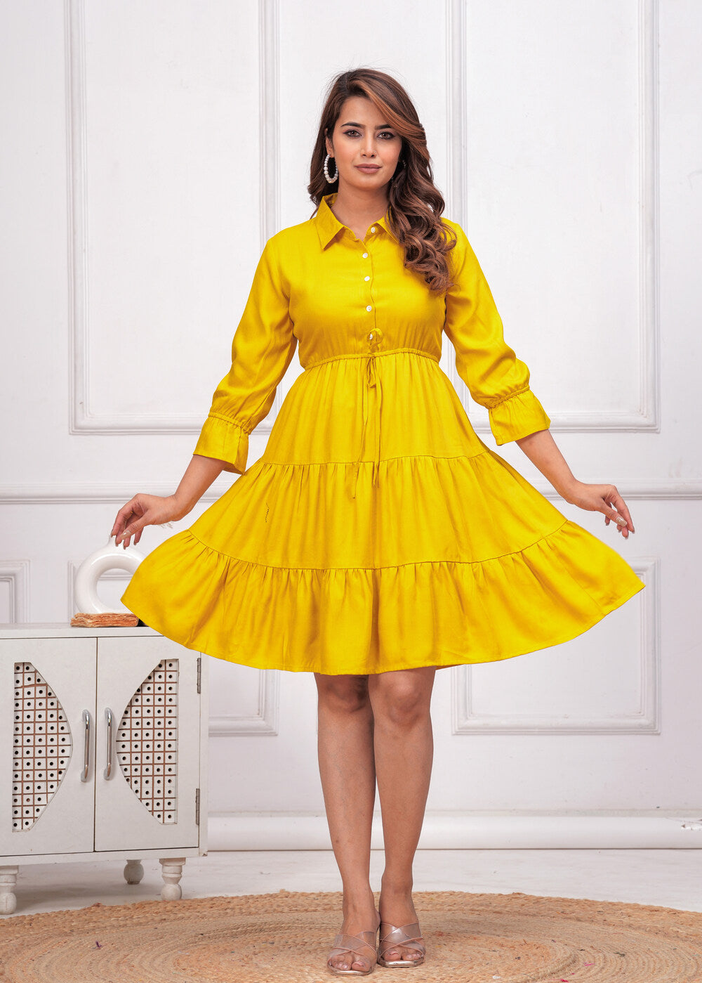 Yellow Women Shirt Collar Fit and Flare Dress