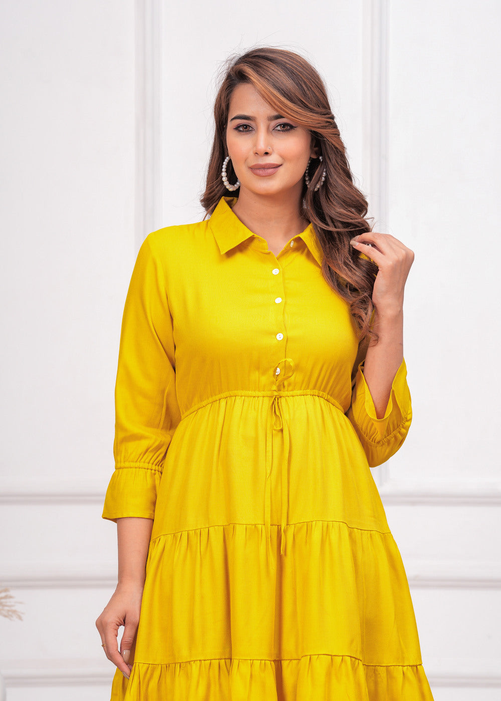 Yellow Women Shirt Collar Fit and Flare Dress