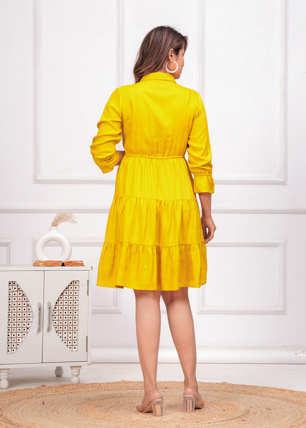 Yellow Women Shirt Collar Fit and Flare Dress