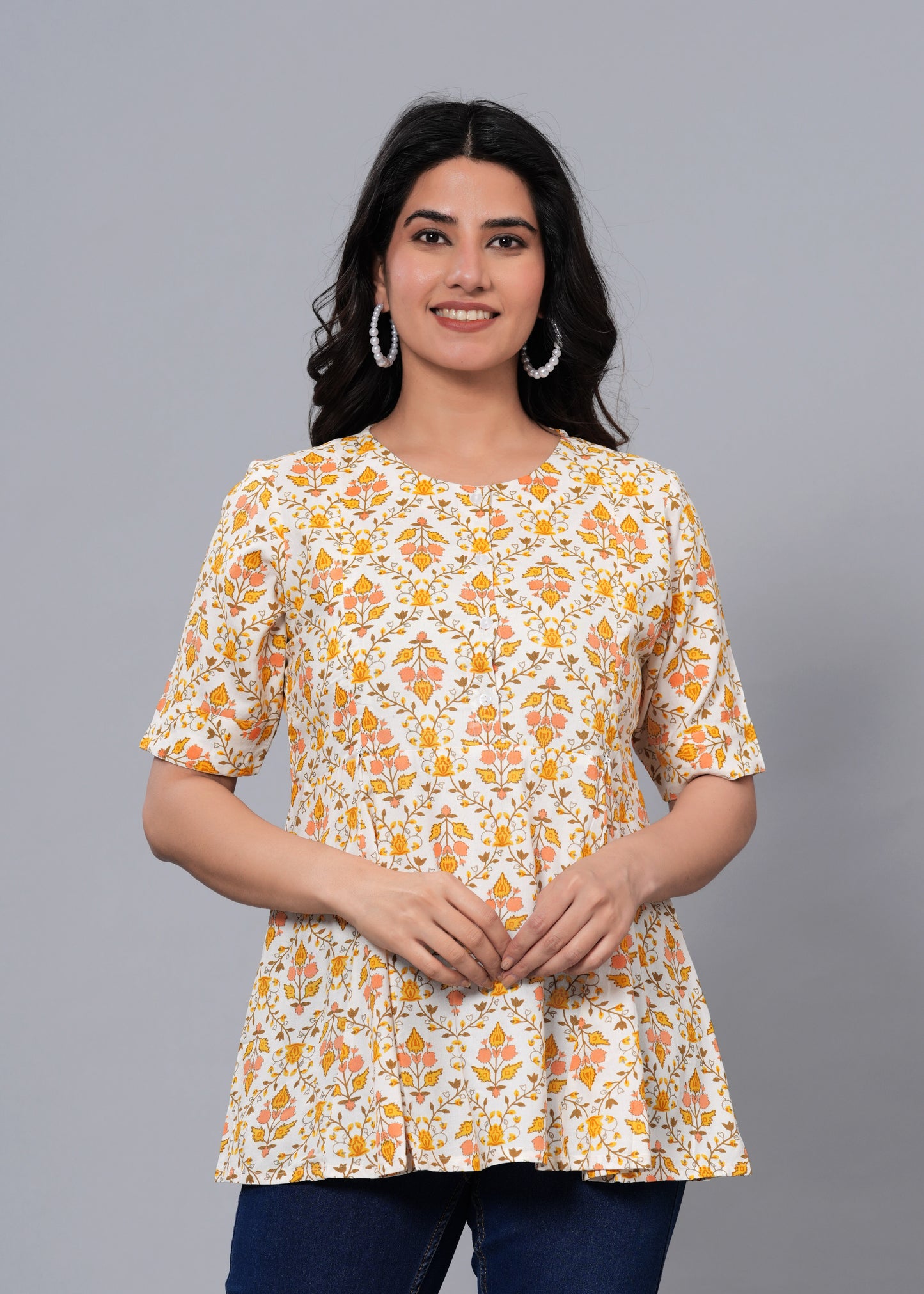 Off White & Yellow Regular A-Line Maternity Top