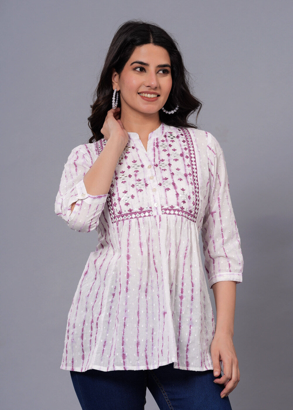 White & Pink Tie and Dye Embroidered Mandarin Collar Cotton Top