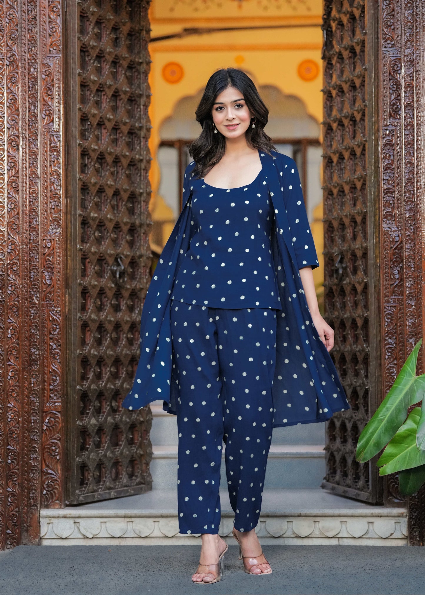 Blue Printed Top & Trousers With Shrug Co-Ords