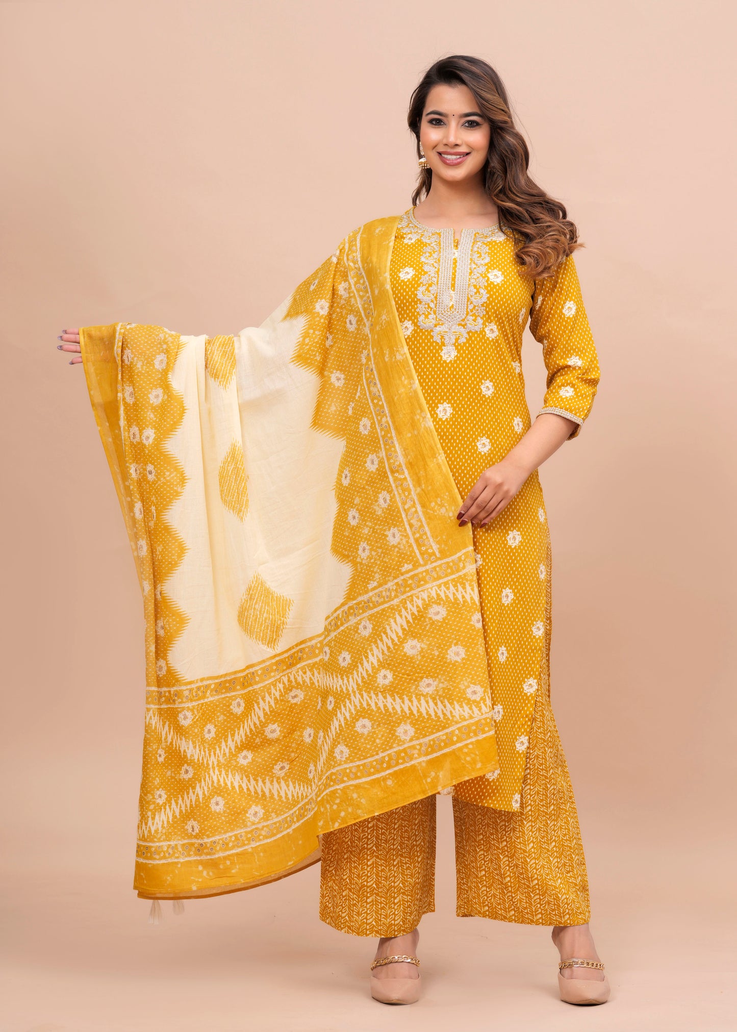 SIDDHANAM Ethnic Motifs Printed Regular Gotta Patti Kurta with Trousers & Dupatta Yellow