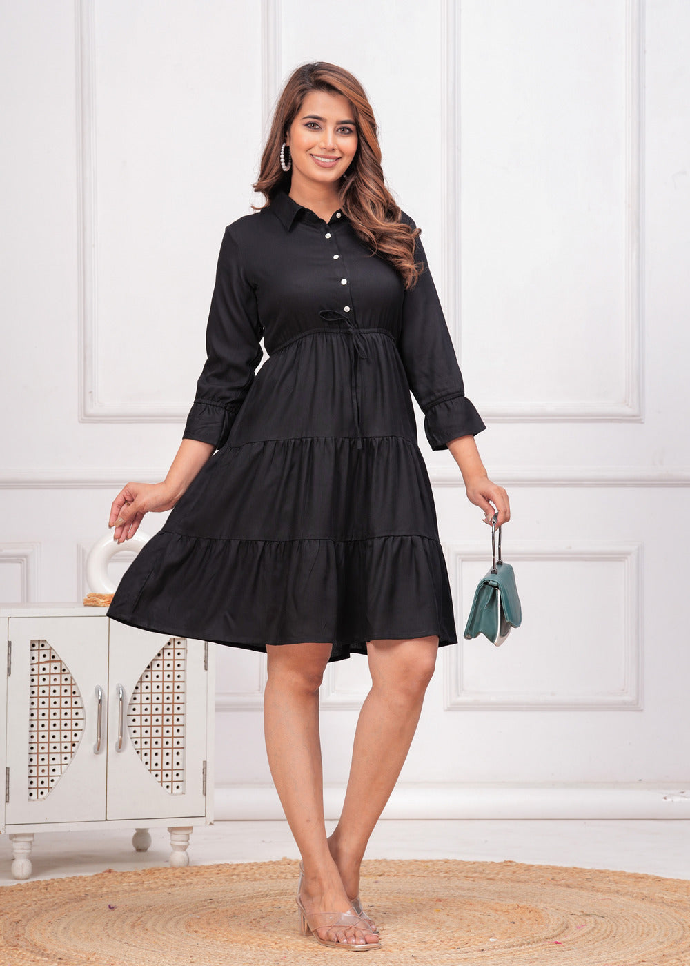 Black Women Shirt Collar Fit and Flare Dress