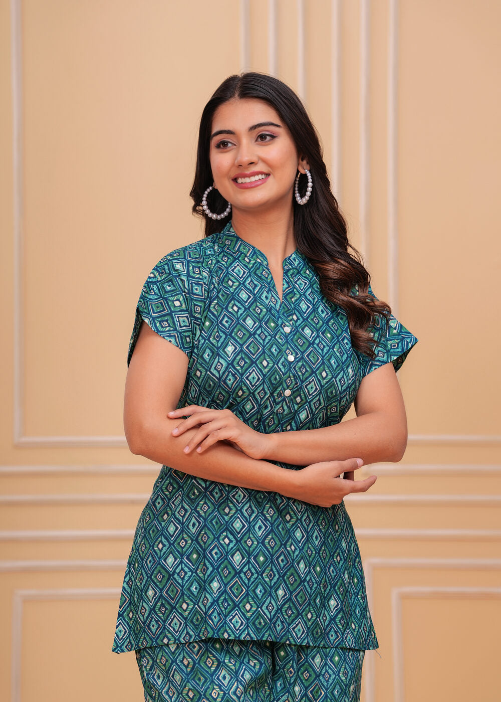 Green Printed Mandarin Collar Short Sleeves Pure Cotton Top With Trouser