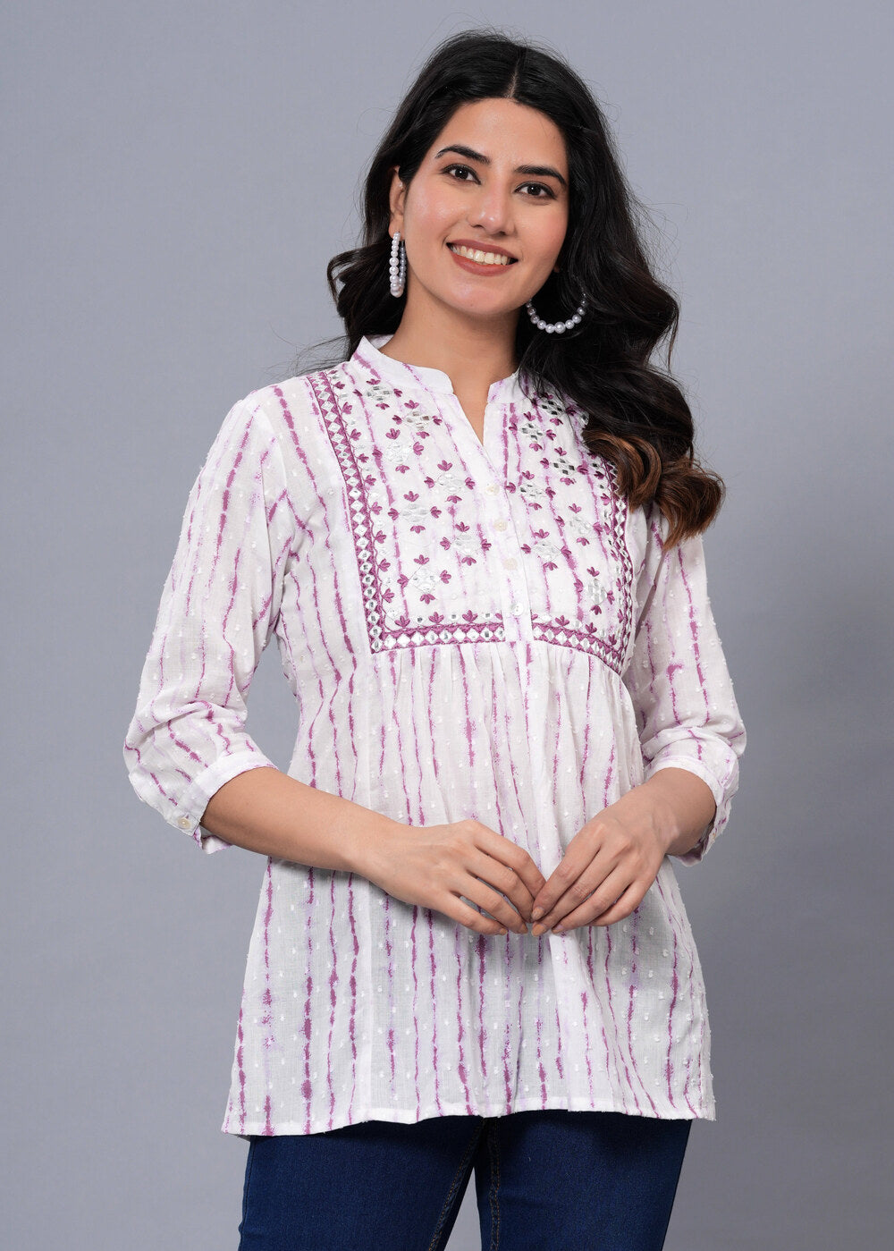 White & Pink Tie and Dye Embroidered Mandarin Collar Cotton Top