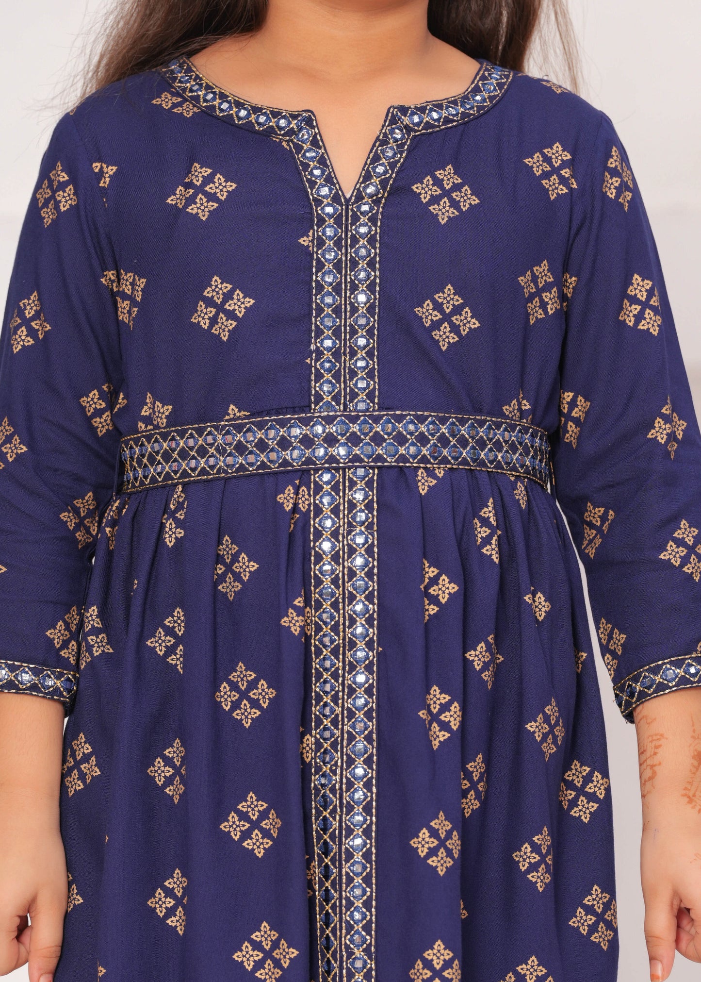 Blue Color Embroidered Printed Kurta Set For Girls