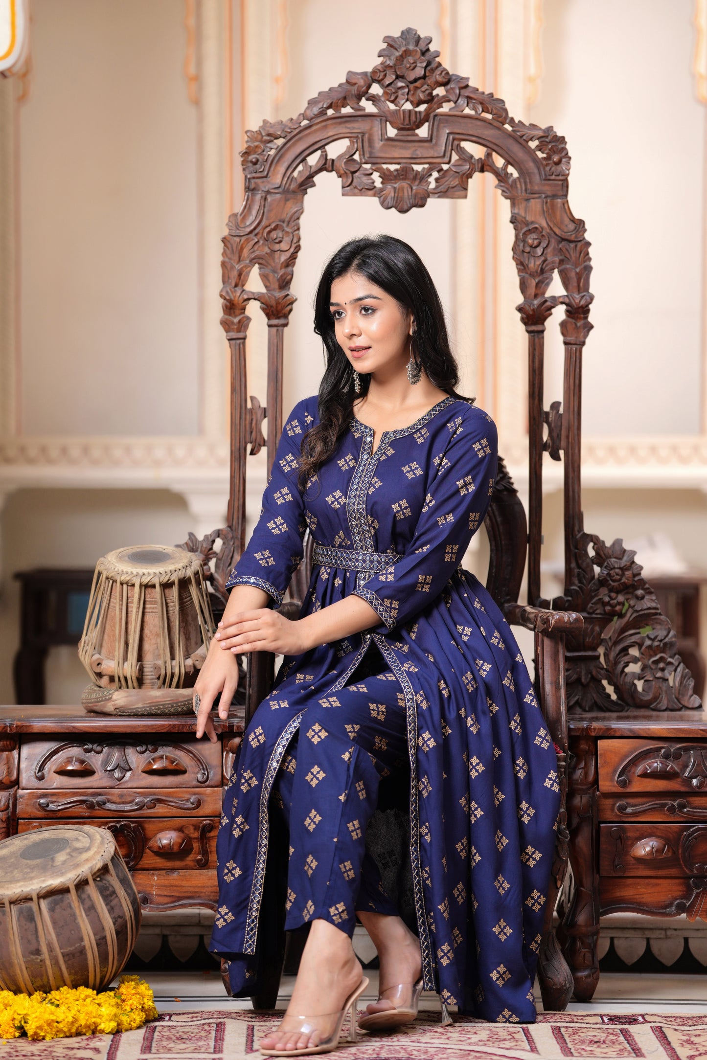 SIDDHANAM Floral Embroidered Empire Flared Anarkali Kurta With Trouser (Blue)