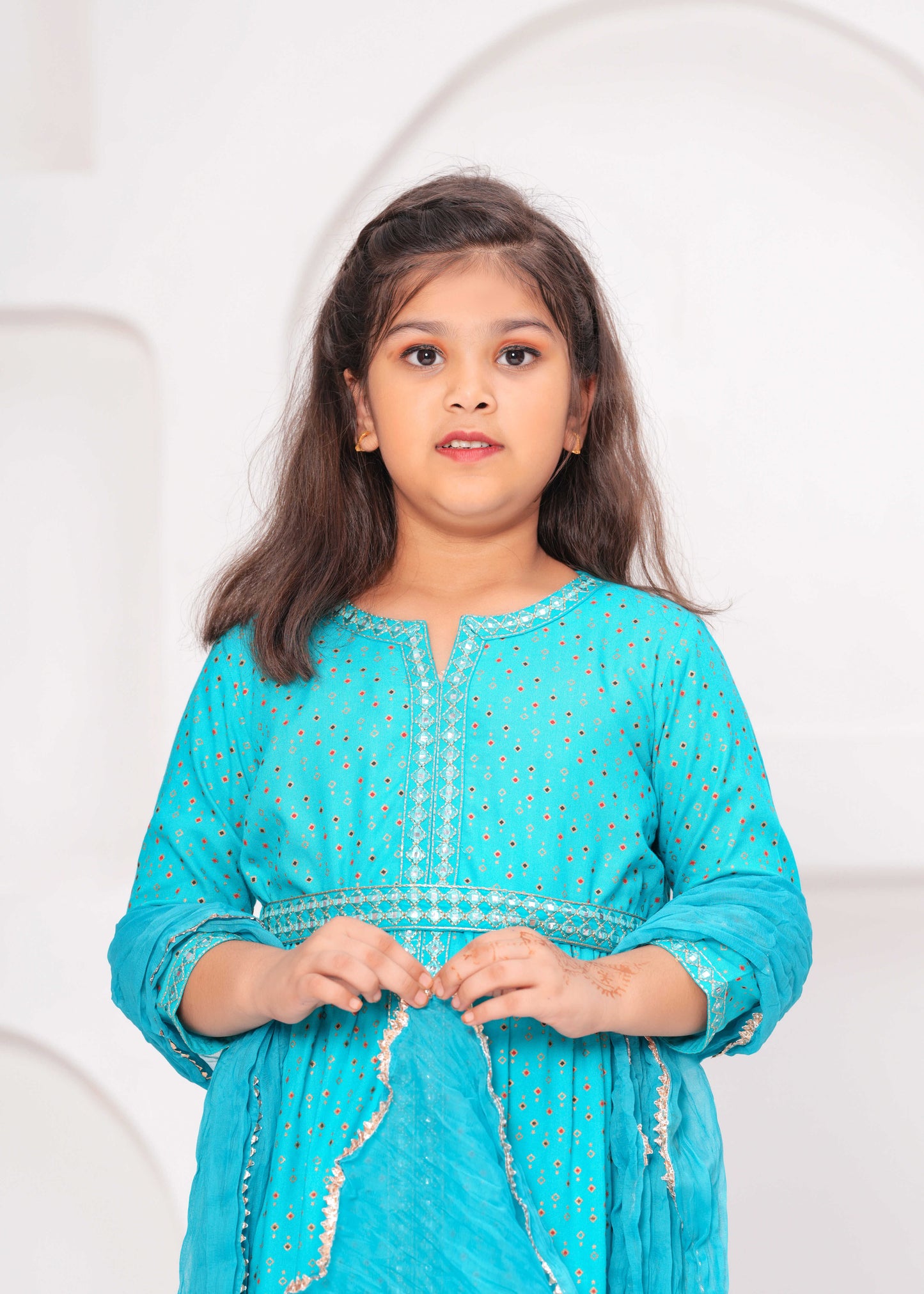 Blue Color Embroidered Printed Kurta Set For Girls