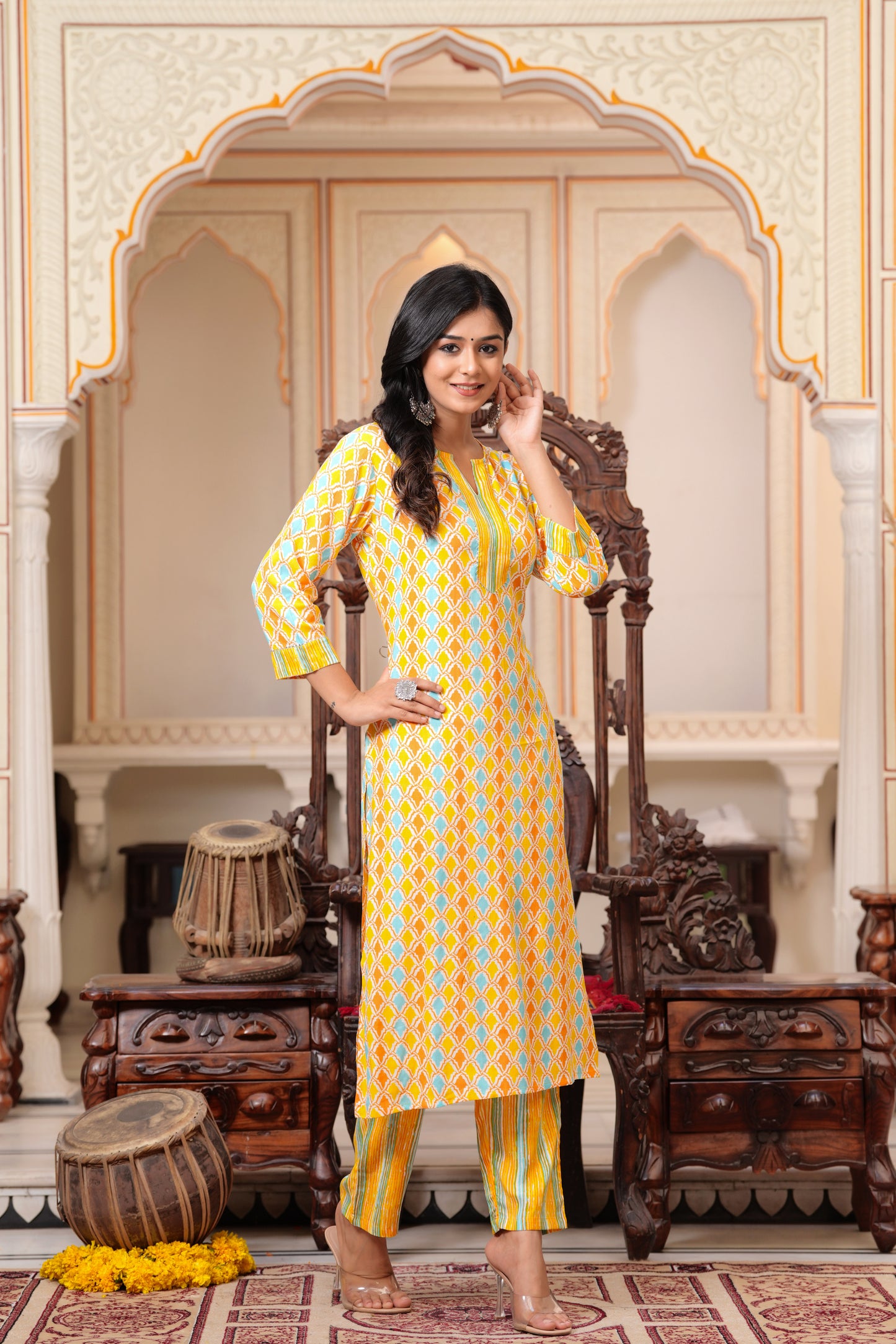 Yellow Geometric Printed Round Neck Straight Kurta With Trouser