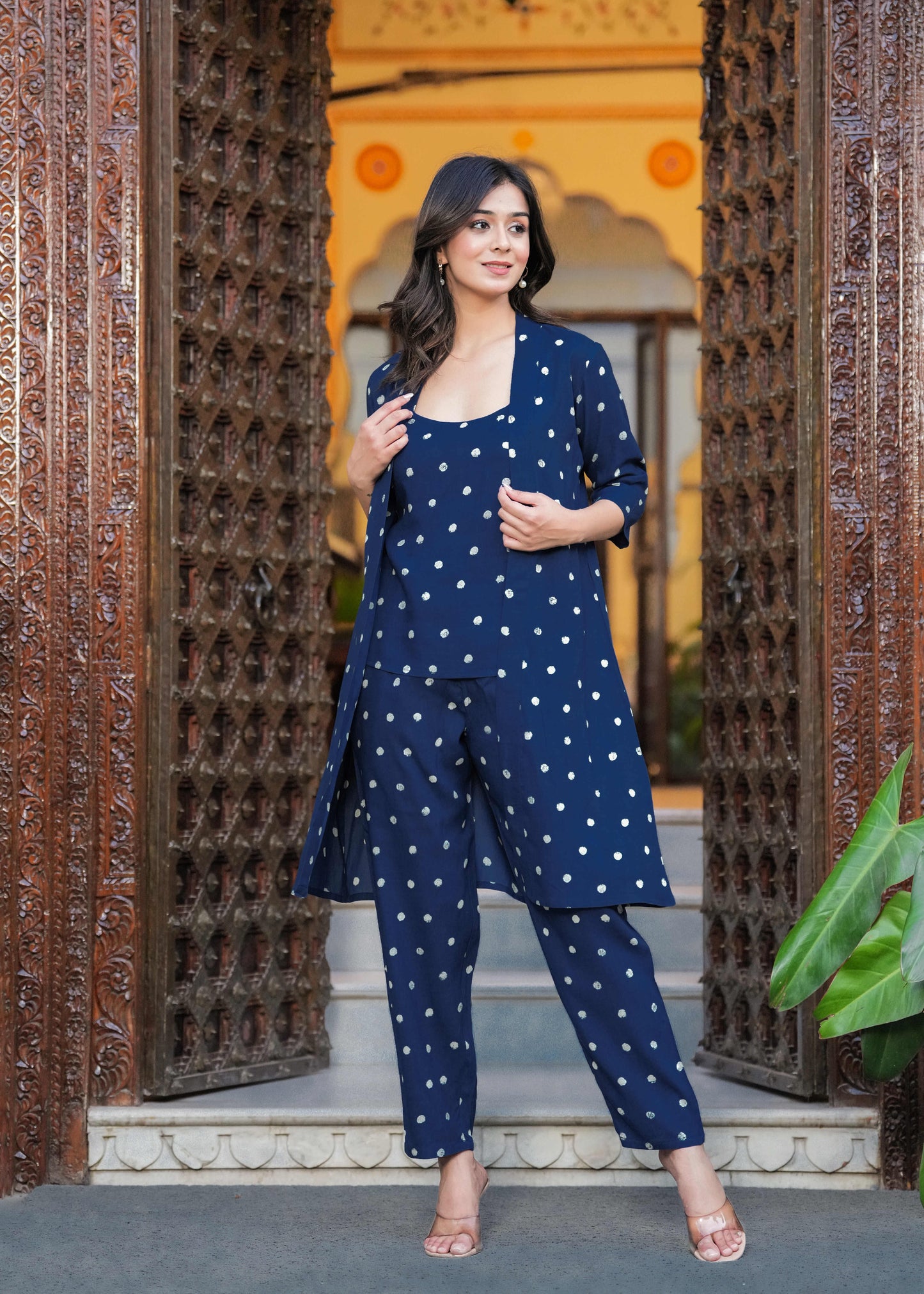 Blue Printed Top & Trousers With Shrug Co-Ords