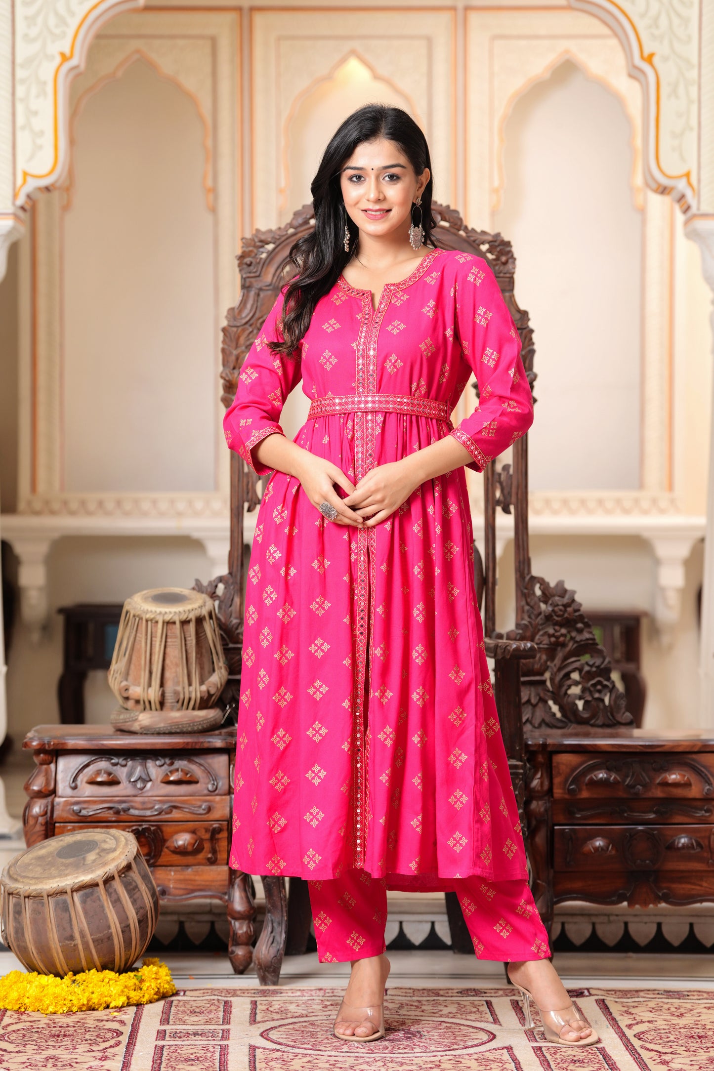 Floral Embroidered Flared Round Neck Anarkali Kurta With Trouser (Pink)