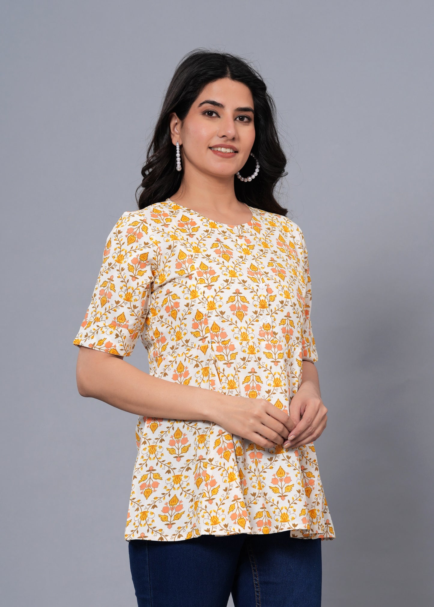 Off White & Yellow Regular A-Line Maternity Top