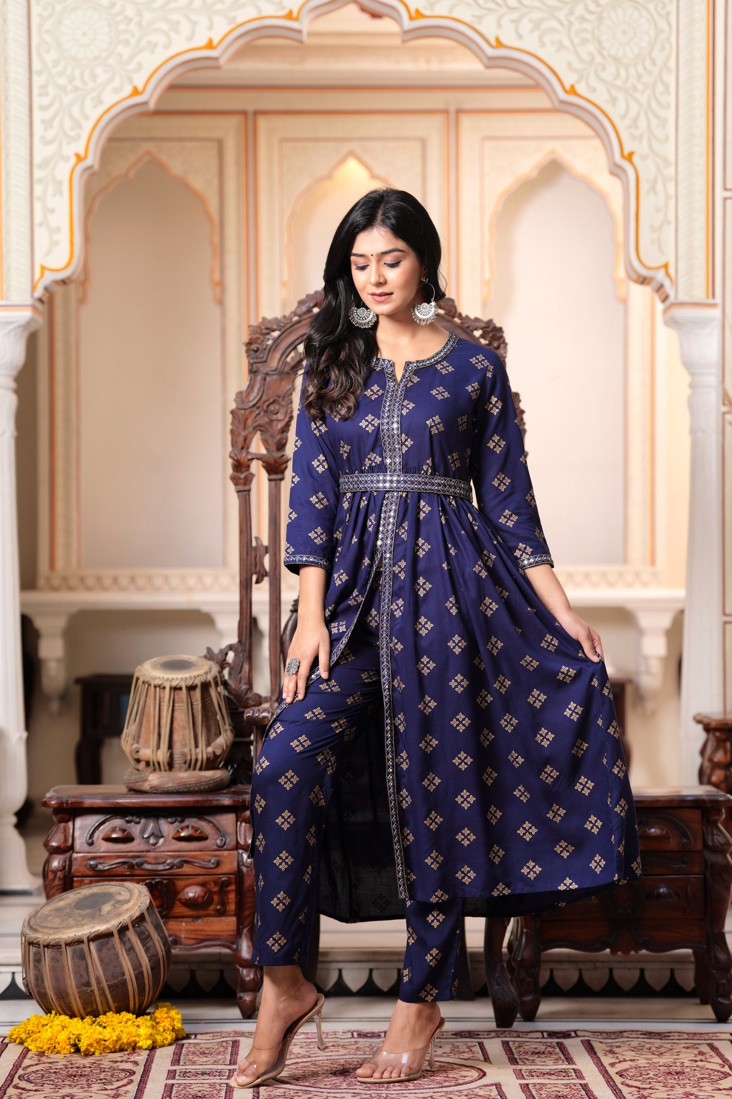 SIDDHANAM Floral Embroidered Empire Flared Anarkali Kurta With Trouser (Blue)