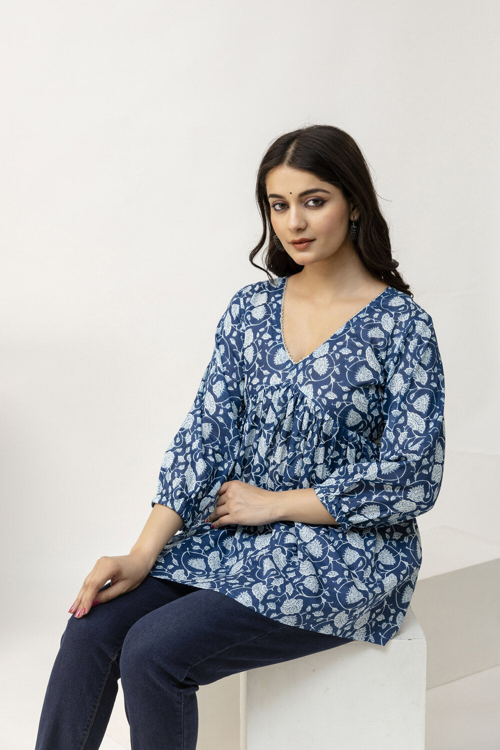 Blue Print Cotton Styled Back Top