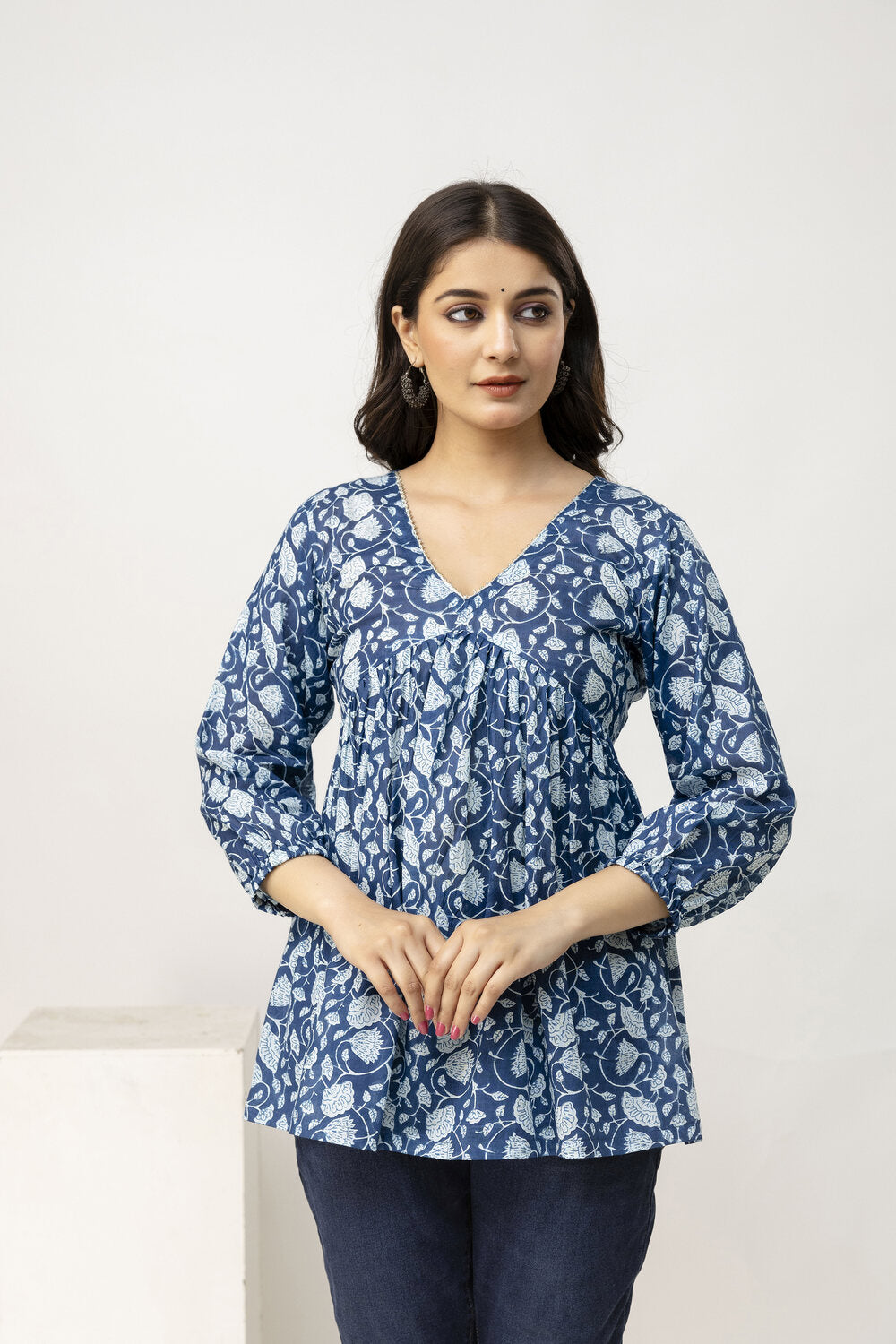Blue Print Cotton Styled Back Top