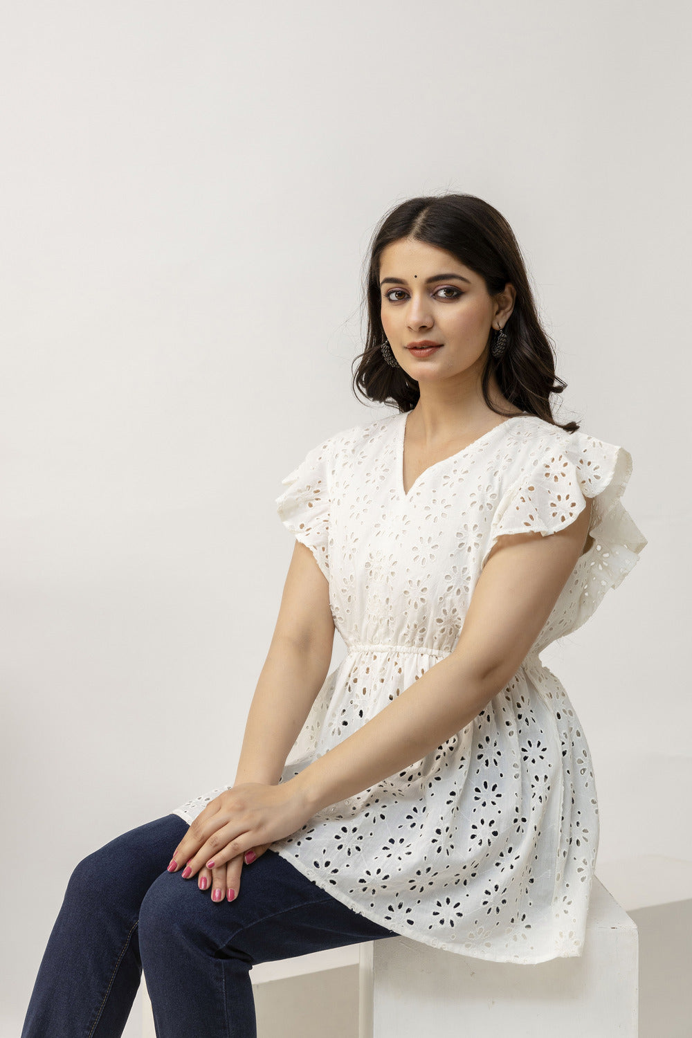 White Women Print Cotton Cinched Waist Top