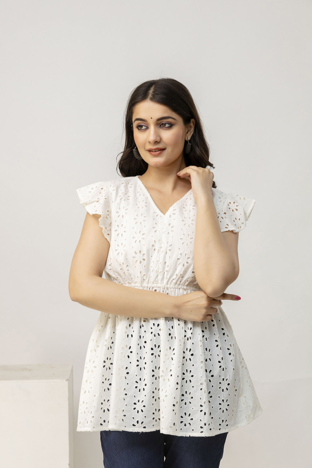 White Women Print Cotton Cinched Waist Top