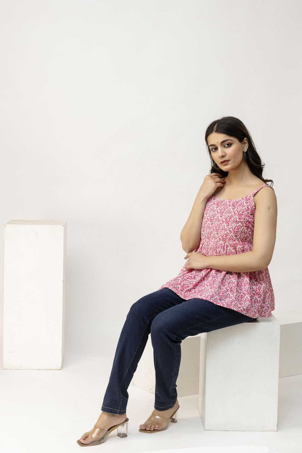 Pink & White Printed Ethnic Cotton Peplum Top