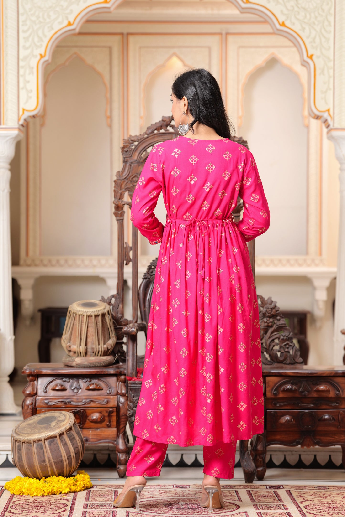 Floral Embroidered Flared Round Neck Anarkali Kurta With Trouser (Pink)