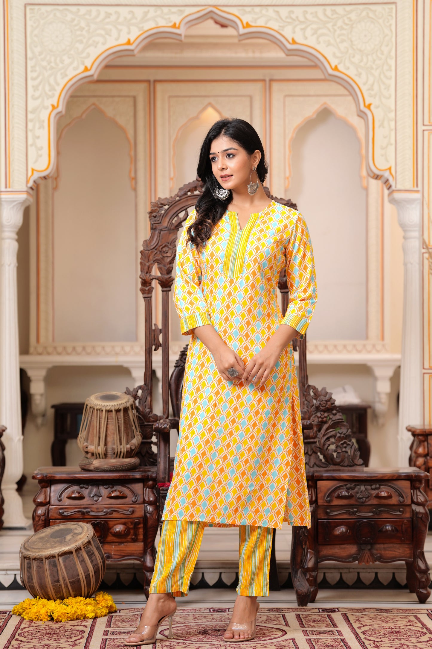 Yellow Geometric Printed Round Neck Straight Kurta With Trouser