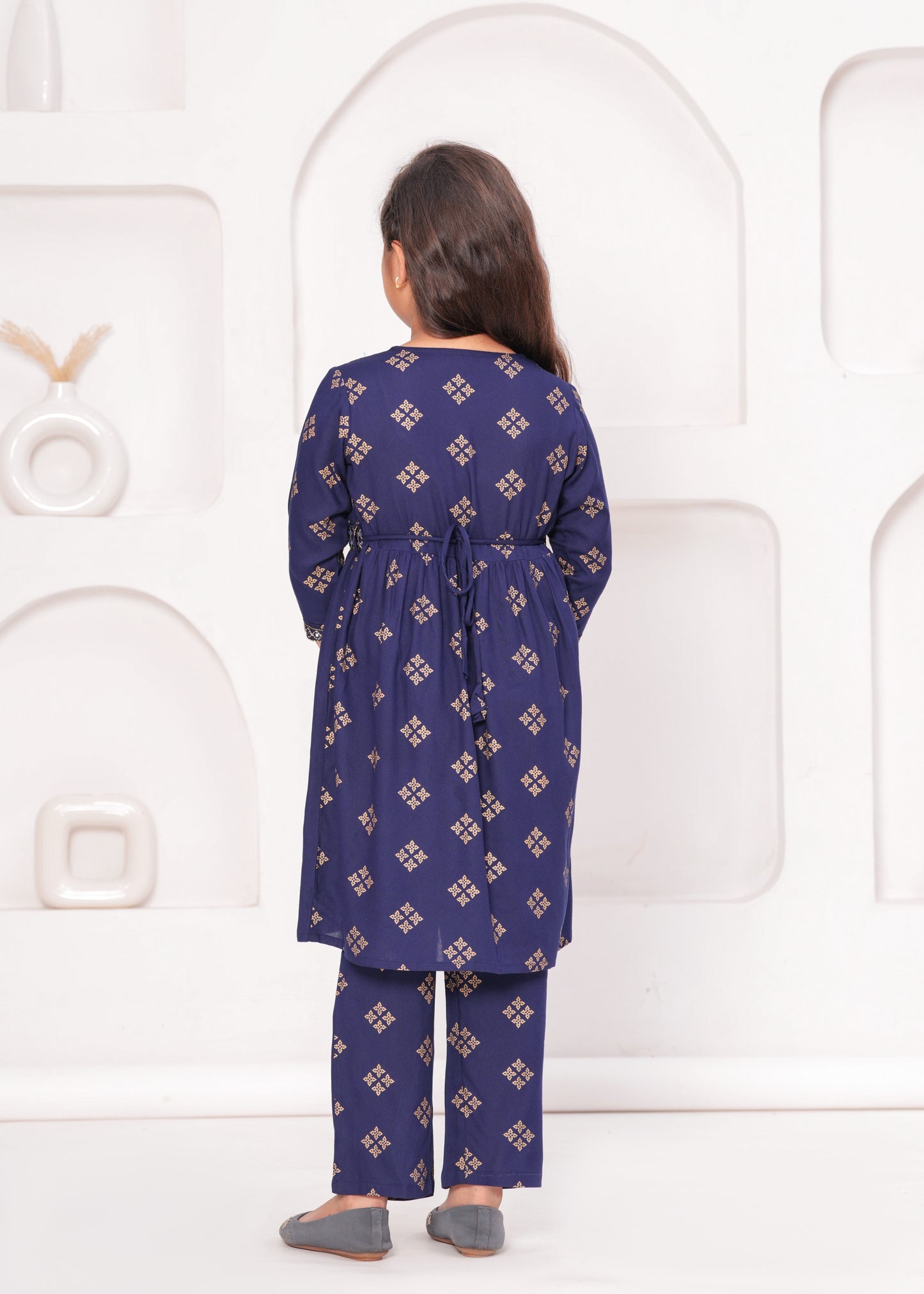 Blue Color Embroidered Printed Kurta Set For Girls