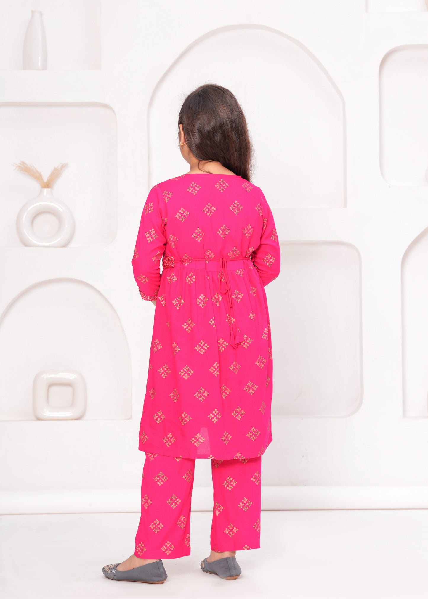 Pink Color Embroidered Printed Kurta Set For Girls