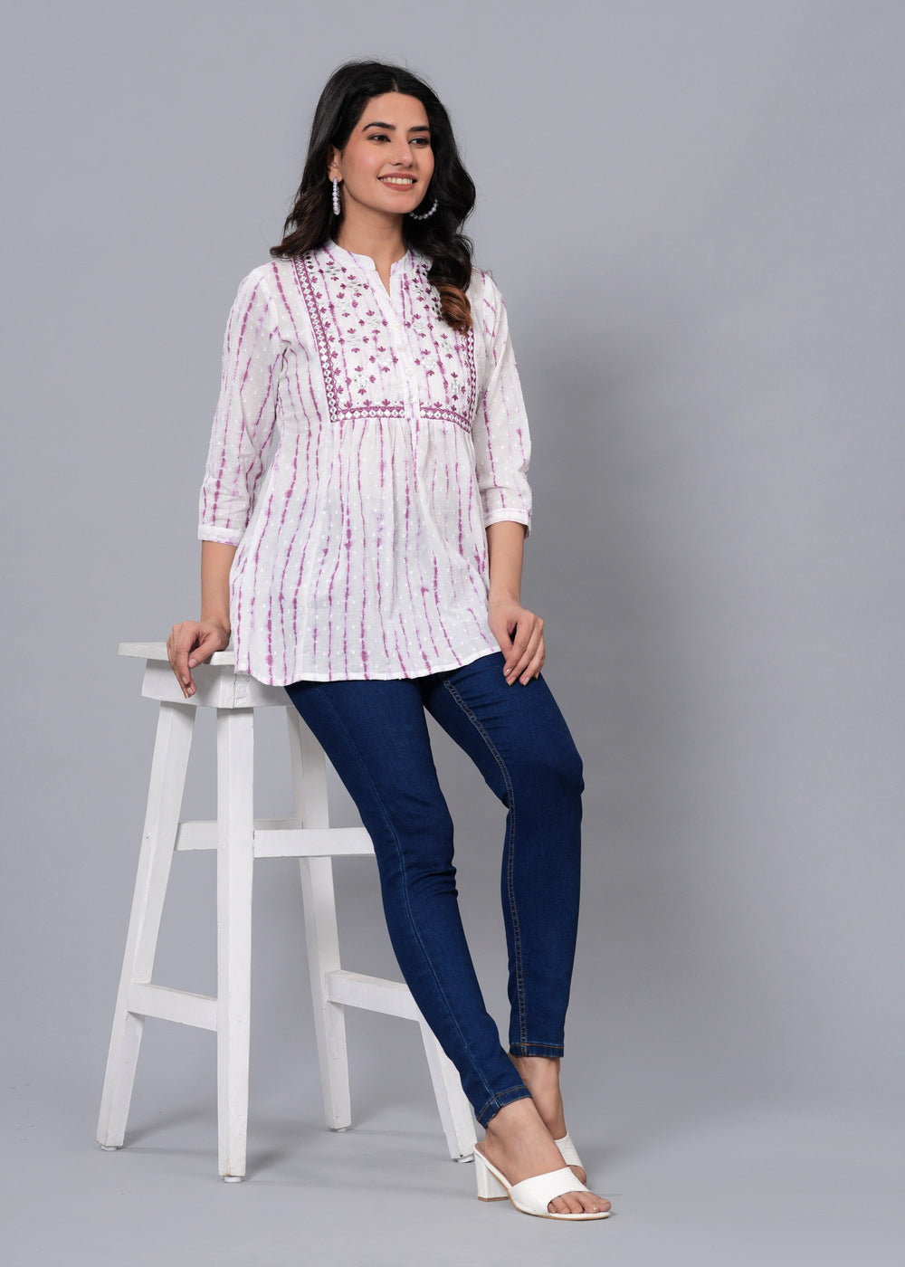 White & Pink Tie and Dye Embroidered Mandarin Collar Cotton Top