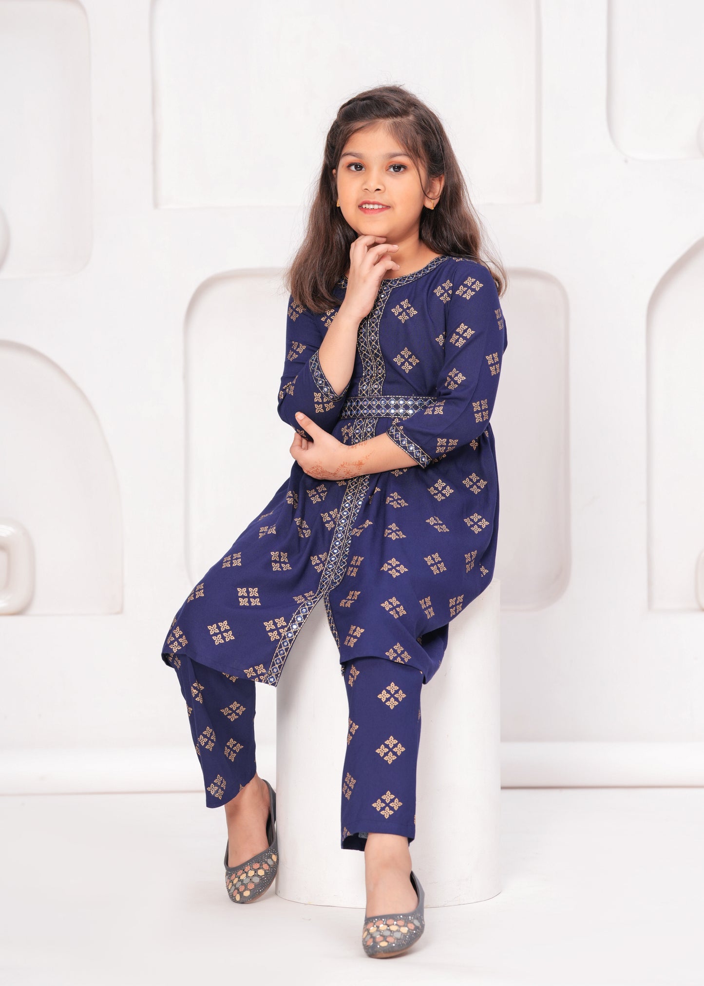 Blue Color Embroidered Printed Kurta Set For Girls