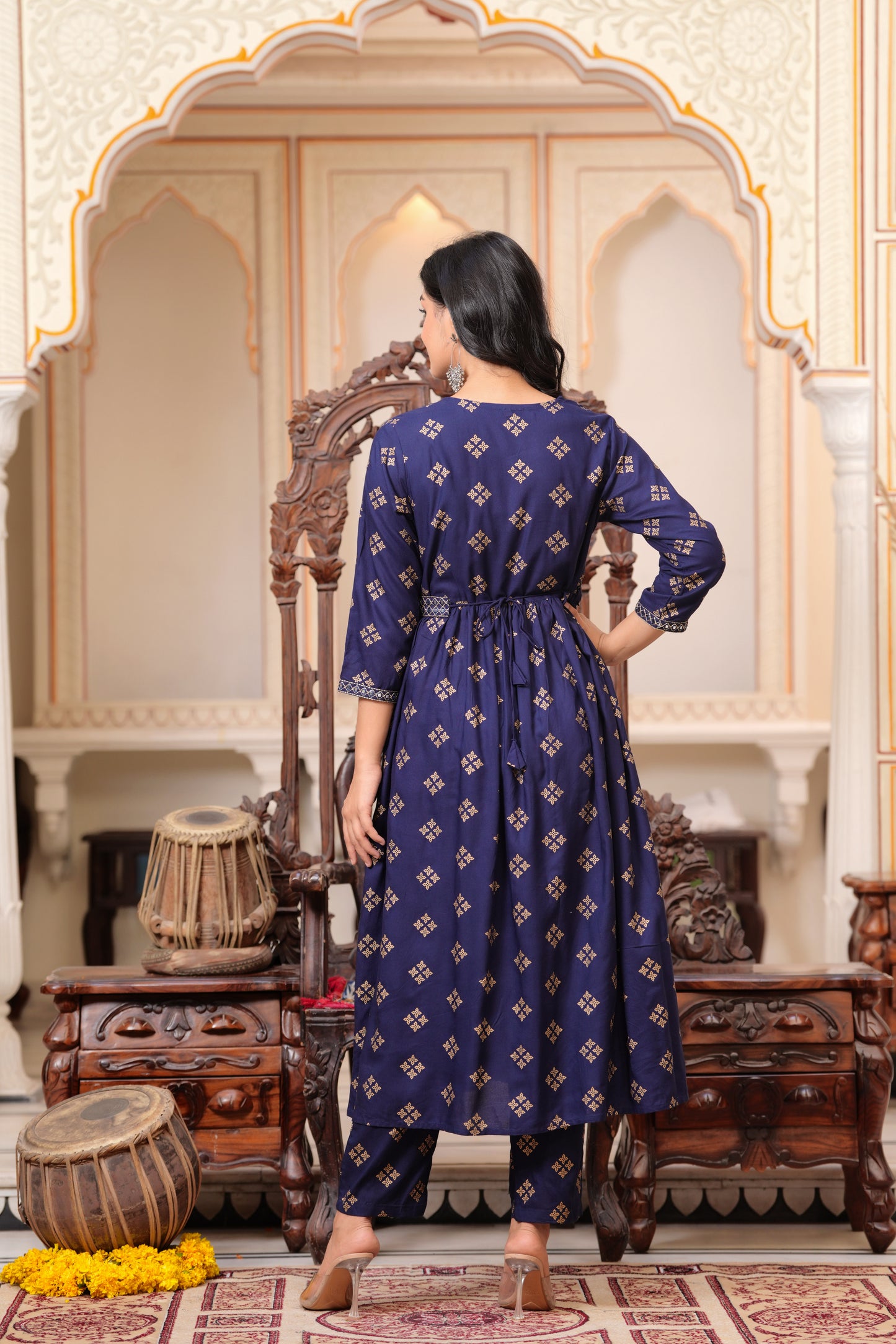 SIDDHANAM Floral Embroidered Empire Flared Anarkali Kurta With Trouser (Blue)