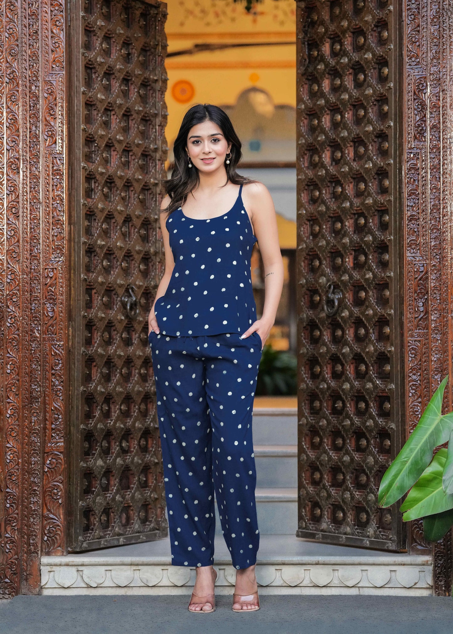 Blue Printed Top & Trousers With Shrug Co-Ords