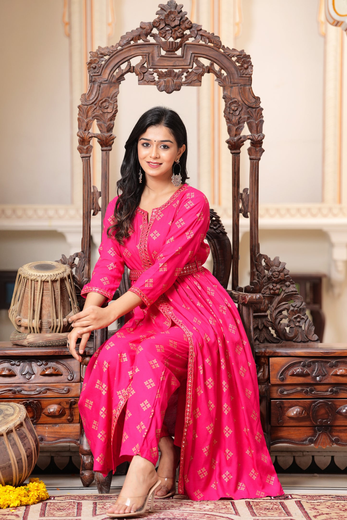 Floral Embroidered Flared Round Neck Anarkali Kurta With Trouser (Pink)