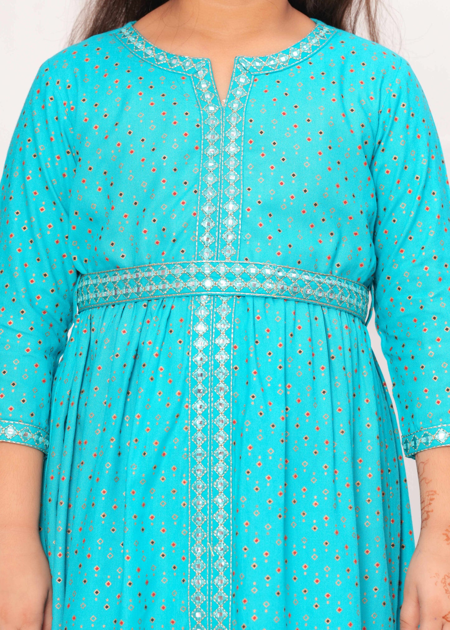 Blue Color Embroidered Printed Kurta Set For Girls