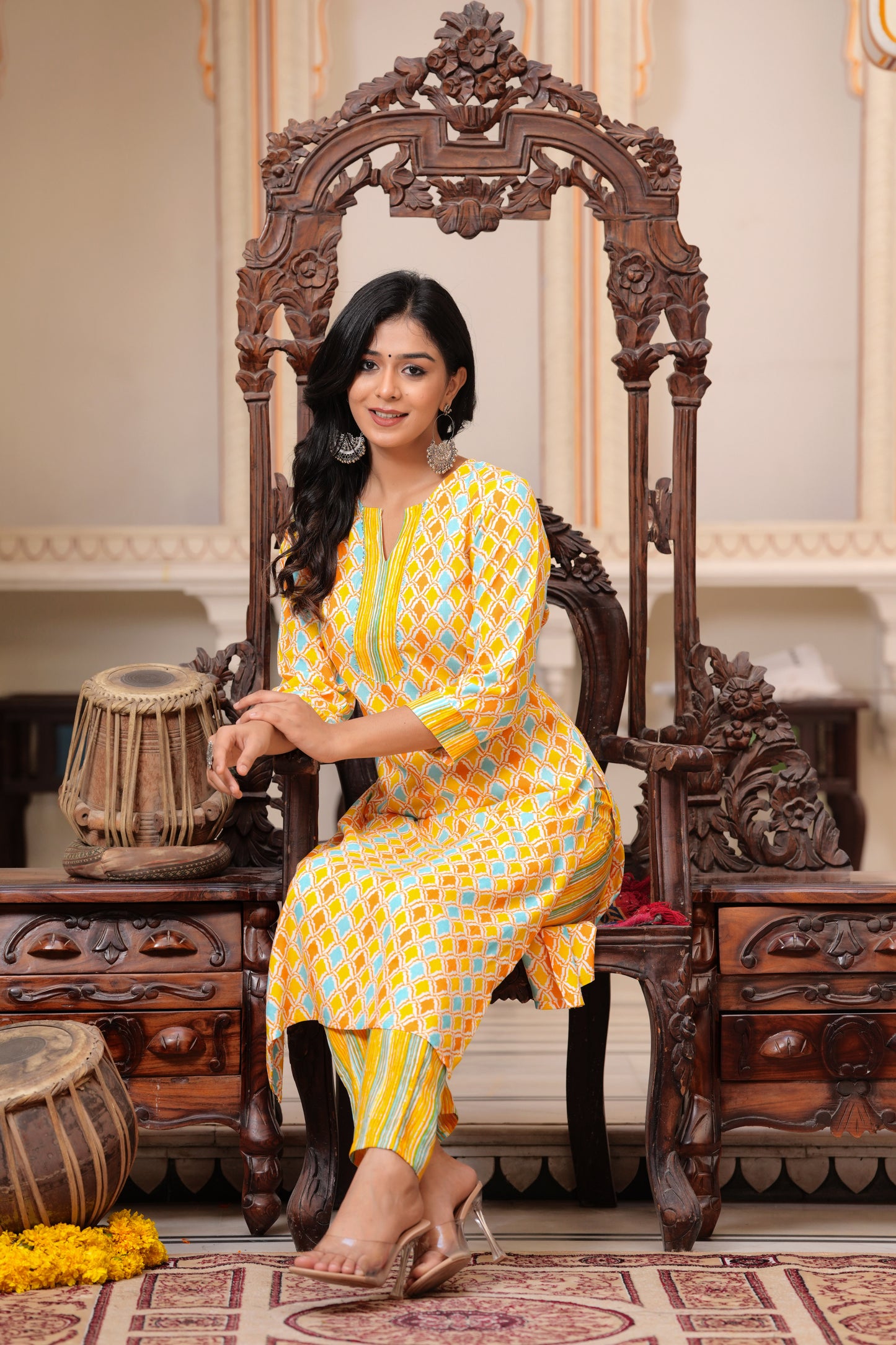 Yellow Geometric Printed Round Neck Straight Kurta With Trouser