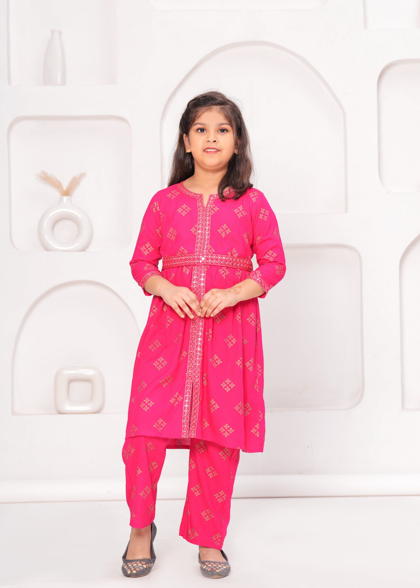 Pink Color Embroidered Printed Kurta Set For Girls