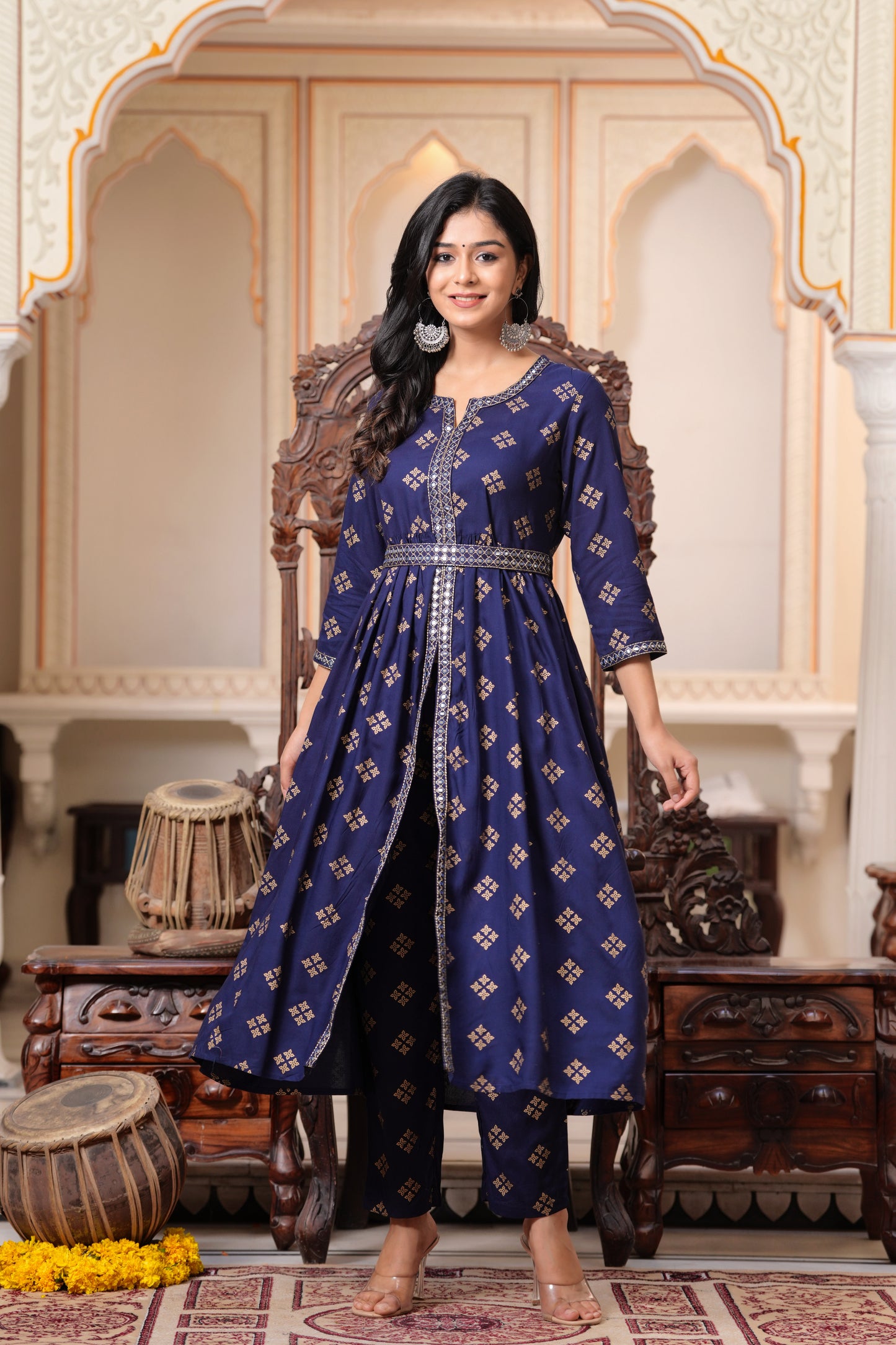 SIDDHANAM Floral Embroidered Empire Flared Anarkali Kurta With Trouser (Blue)