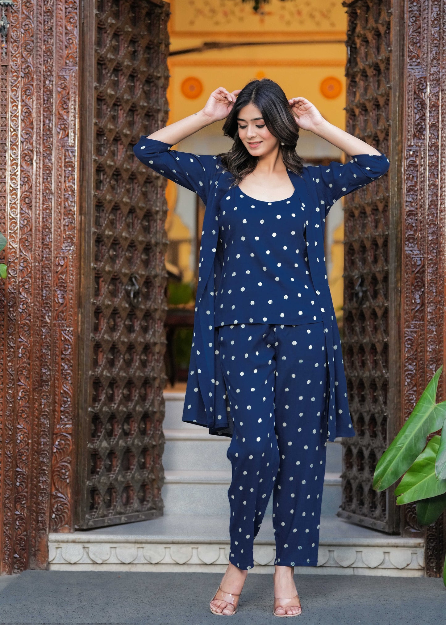 Blue Printed Top & Trousers With Shrug Co-Ords