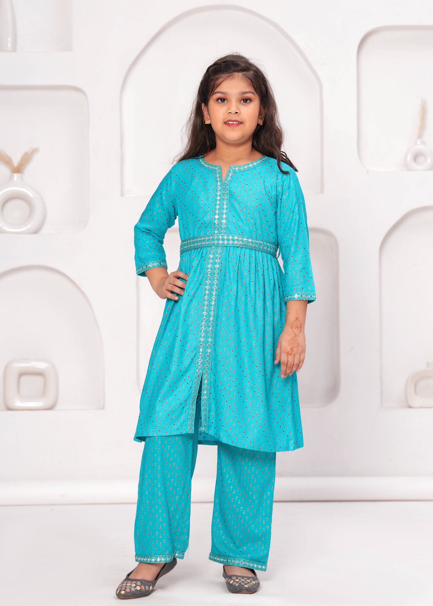 Blue Color Embroidered Printed Kurta Set For Girls