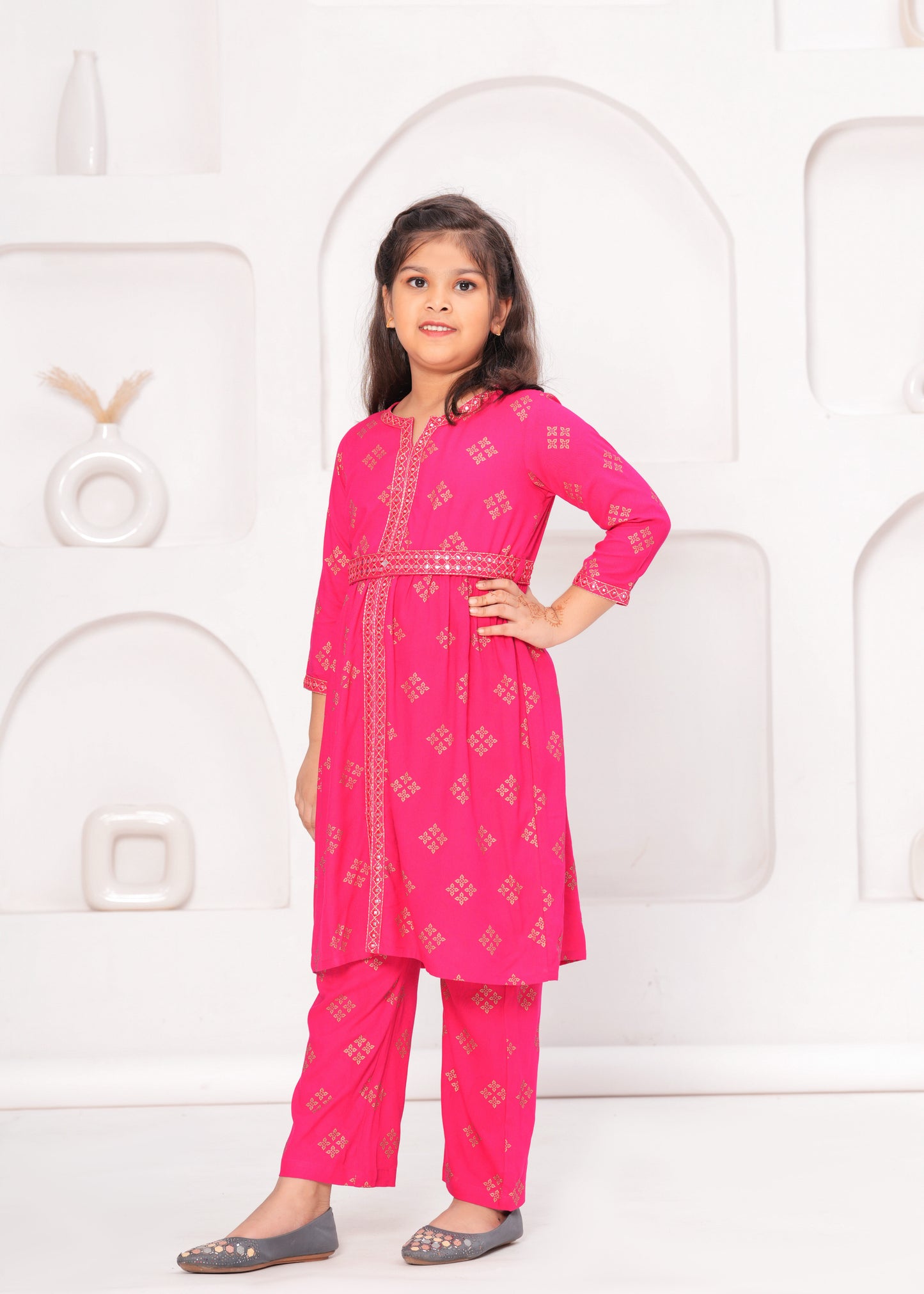 Pink Color Embroidered Printed Kurta Set For Girls