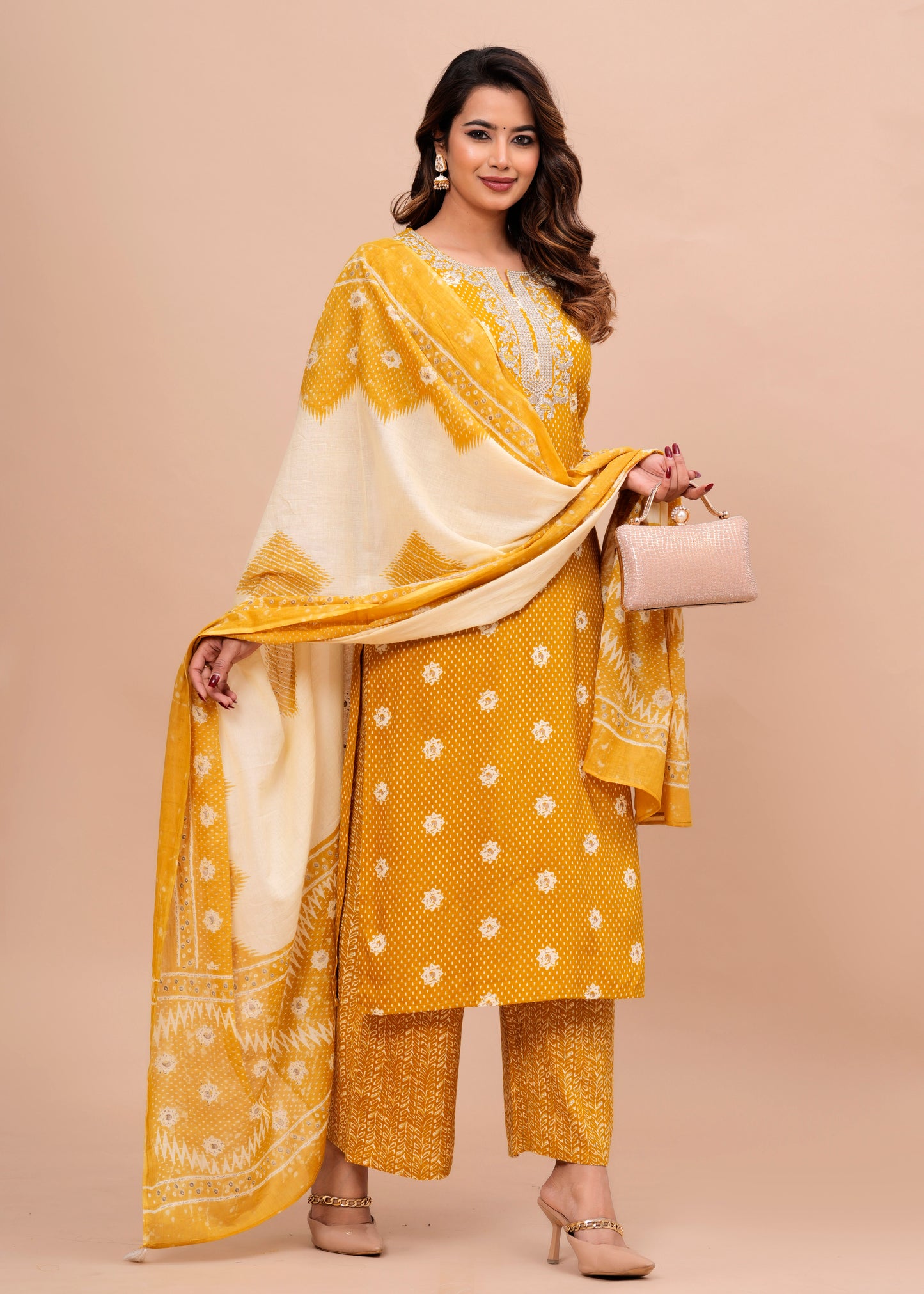 SIDDHANAM Ethnic Motifs Printed Regular Gotta Patti Kurta with Trousers & Dupatta Yellow