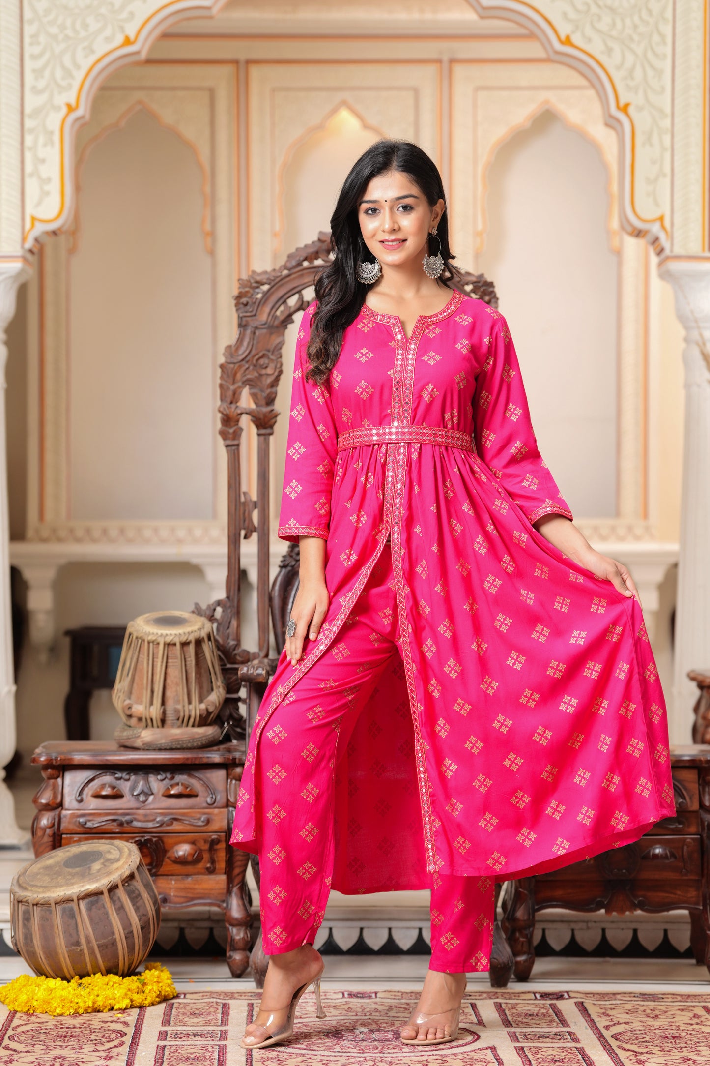 Floral Embroidered Flared Round Neck Anarkali Kurta With Trouser (Pink)