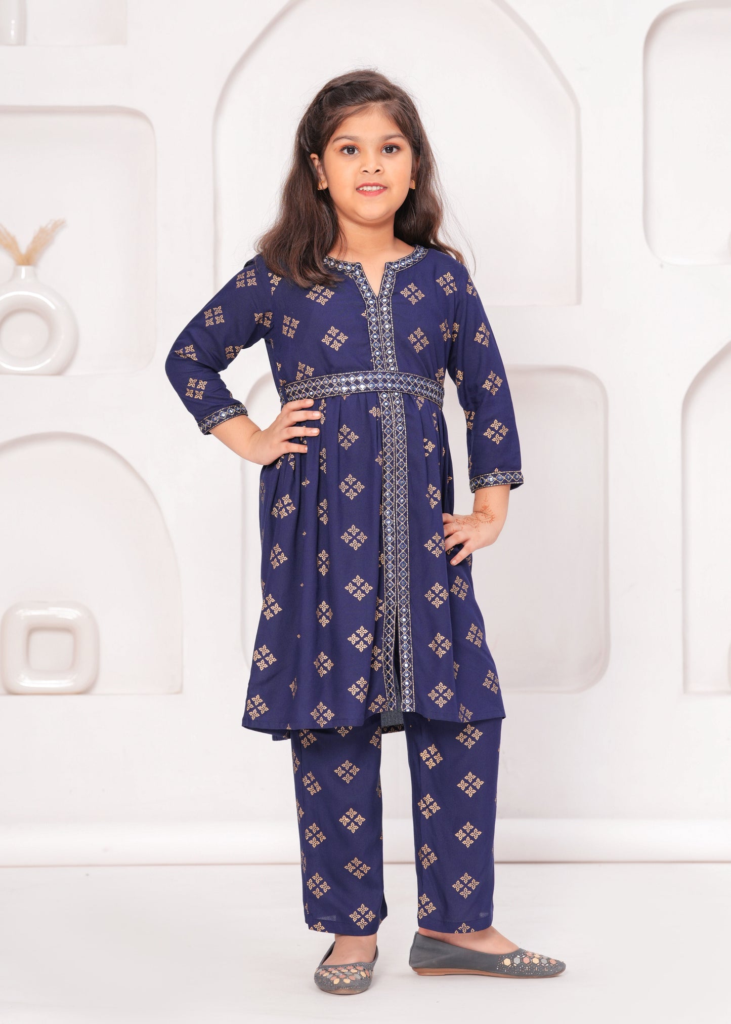 Blue Color Embroidered Printed Kurta Set For Girls