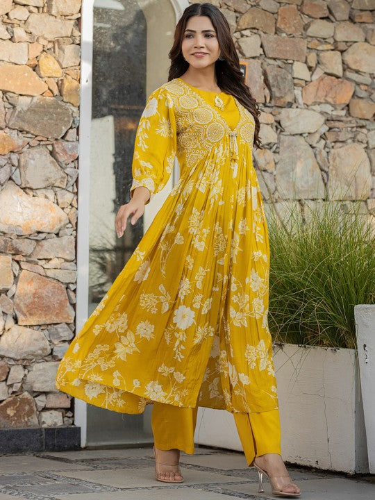 Floral Embroidered Bell Sleeves Thread Work Pure Cotton Kurta With Palazzos