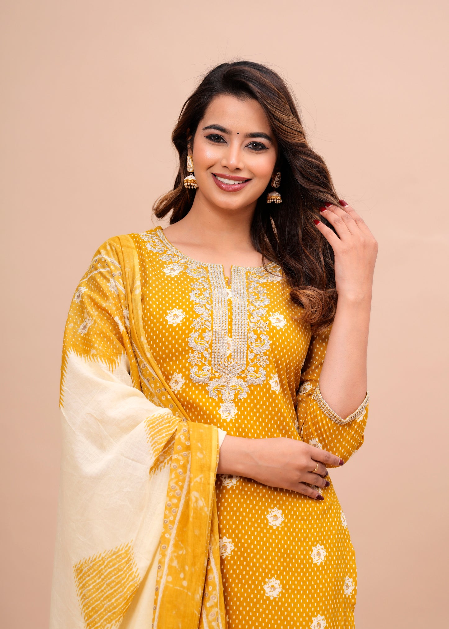 SIDDHANAM Ethnic Motifs Printed Regular Gotta Patti Kurta with Trousers & Dupatta Yellow