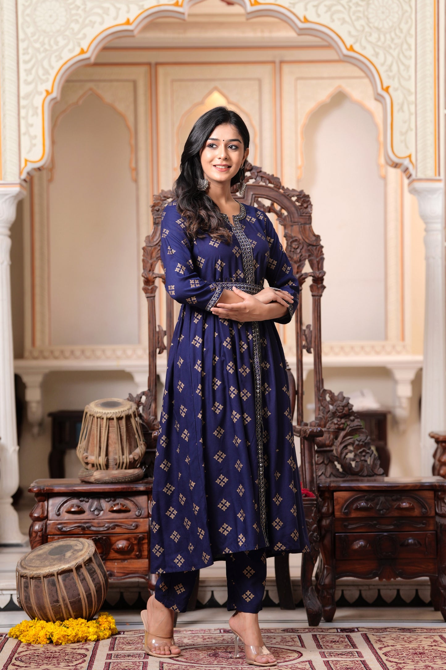 SIDDHANAM Floral Embroidered Empire Flared Anarkali Kurta With Trouser (Blue)