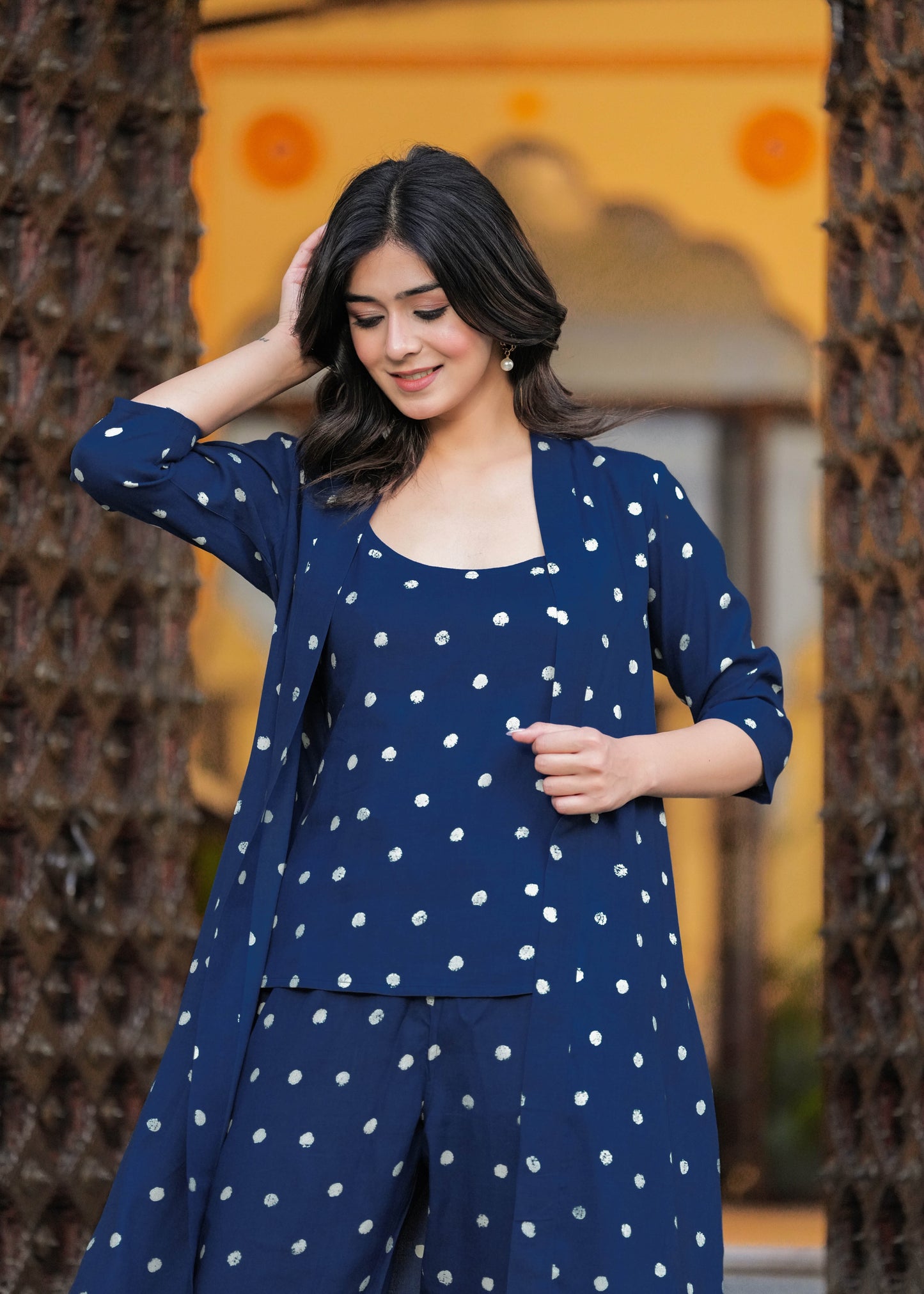 Blue Printed Top & Trousers With Shrug Co-Ords